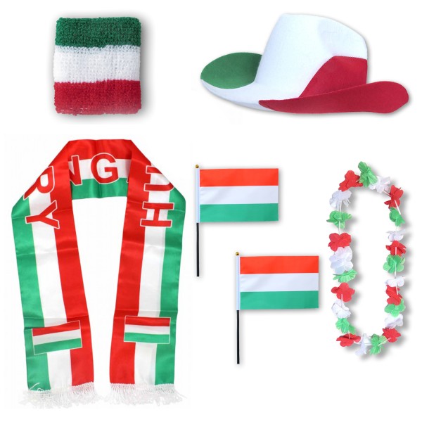 Fan-Paket &quot;Ungarn&quot; Hungary WM EM Fußball Schal Hawaiikette Hut Schweissband Fahne Flagge