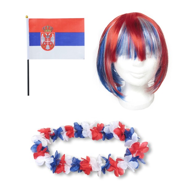 Fanset &quot;Serbien&quot; Serbia Blumenkette Fahne Flagge Perücke Bob