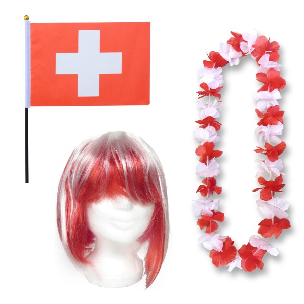 Fanset &quot;Schweiz&quot; Switzerland Blumenkette Fahne Flagge Perücke Bob