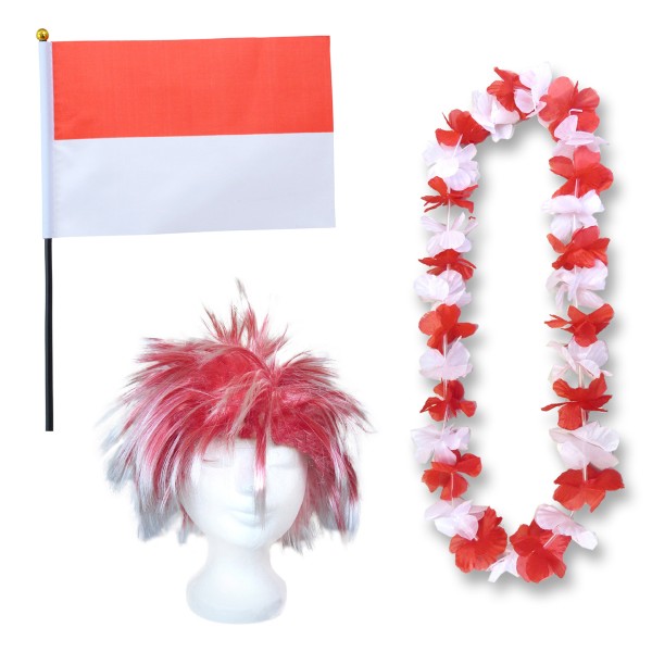 Fanset &quot;Indonesien&quot; Indonesia Blumenkette Fahne Flagge Perücke Wig