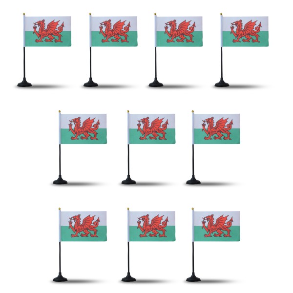 Mini Handfahnen mit Tischständer Fuß 10 Stück Set &quot;Wales&quot; EM WM Flaggen Fanartikel