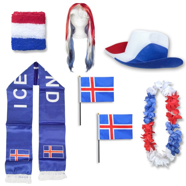 Fan-Paket &quot;Island&quot; Iceland WM EM Fußball Schal Hawaiikette Hut Schweissband Fahne Perücke
