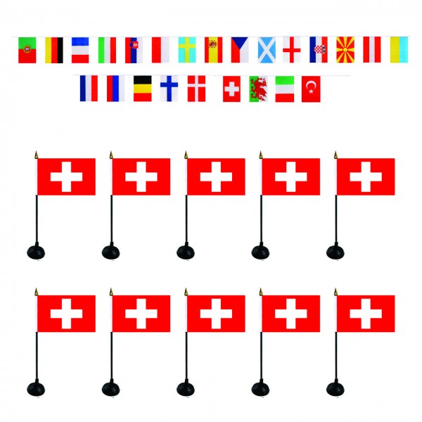 FANSET EM &quot;Schweiz&quot; Switzerland Fußball Teilnehmer Girlande 10x Mini Handflaggen und Halter