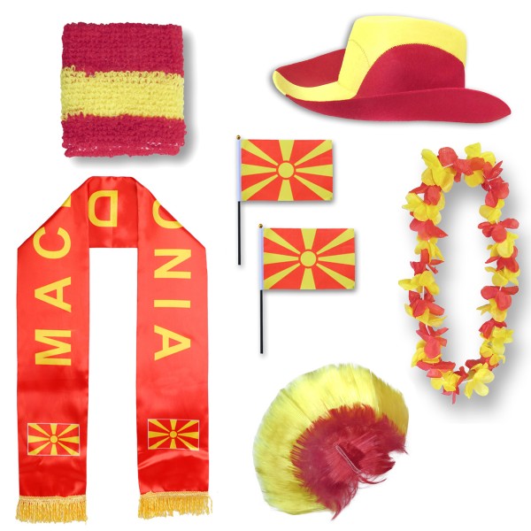 Fan-Paket &quot;Nordmazedonien&quot; North Macedonia WM EM Fußball Schal Hawaiikette Hut Schweissband Fahne Pe