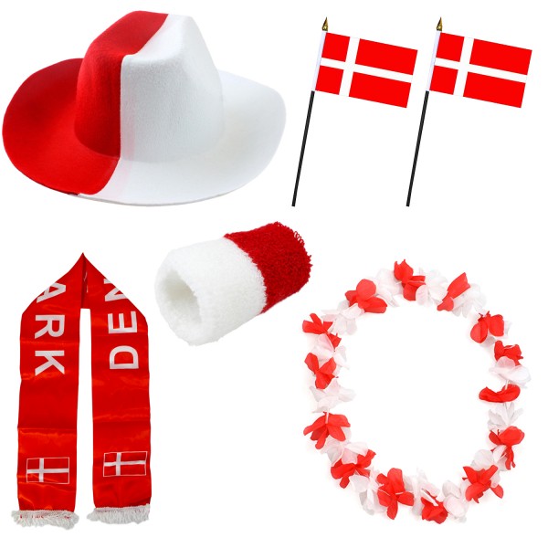 Fan-Paket &quot;Dänemark&quot; Denmark Dansk WM EM Fußball Schal Hawaiikette Hut Schweissband Fahne Flagge