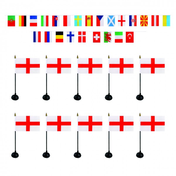 FANSET EM &quot;England&quot; Fußball Teilnehmer Girlande 10x Mini Handflaggen und Halter