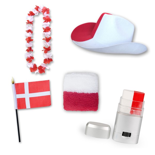 Fan-Paket EM &quot;Dänemark&quot; Denmark Fußball Hut Kette Schminke Schweißband Flagge