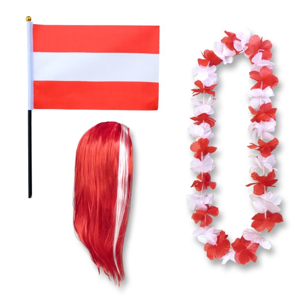 Fanset &quot;Österreich&quot; Austria Blumenkette Fahne Flagge Perücke Langhaar