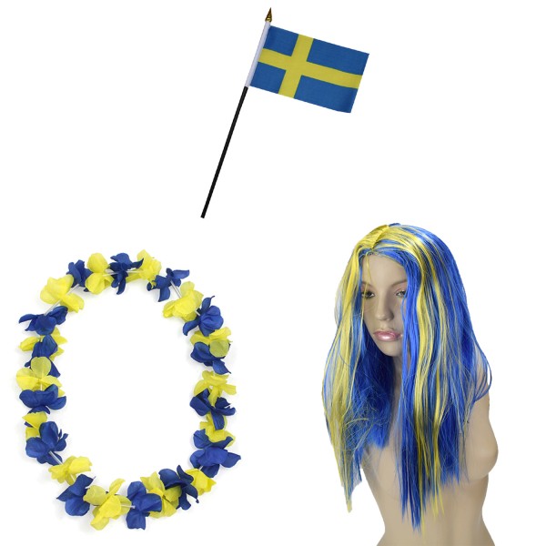 Fanset &quot;Schweden&quot; Sweden Blumenkette Fahne Flagge Perücke Langhaar