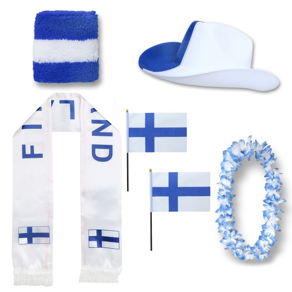 Fan-Paket &quot;Finnland&quot; WM EM Fußball Schal Hawaiikette Hut Schweissband Fahne Flagge