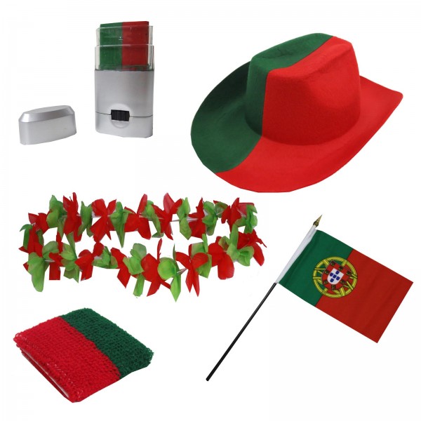 Fan-Paket EM &quot;Portugal&quot; Fußball Hut Kette Schminke Schweißband Flagge
