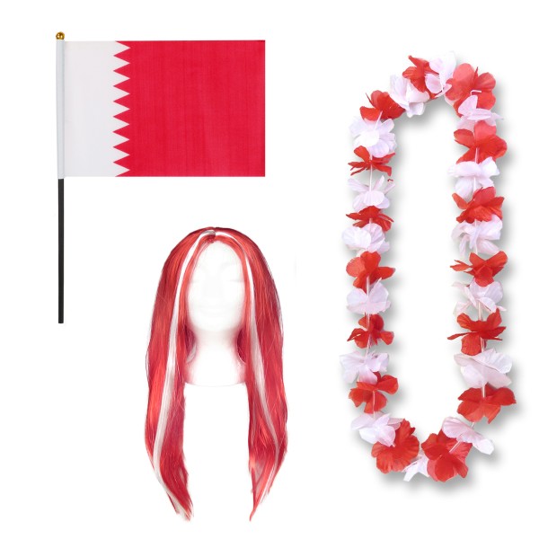 Fanset &quot;Katar&quot; Qatar Blumenkette Fahne Flagge Perücke Langhaar