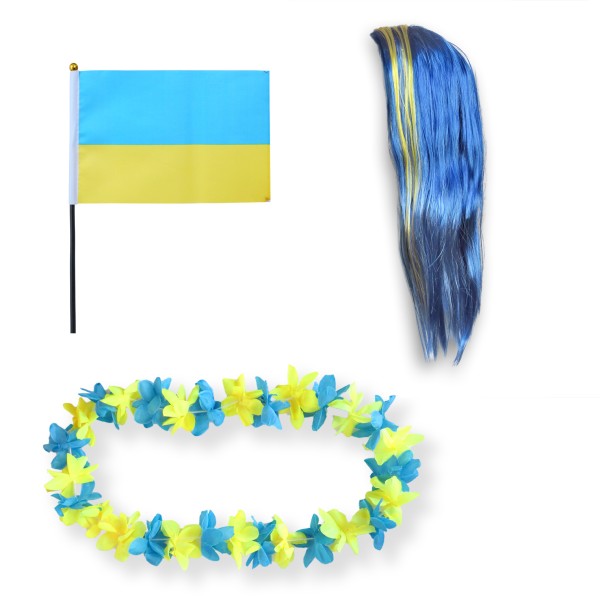 Fanset &quot;Ukraine&quot; Blumenkette Fahne Flagge Perücke Langhaar