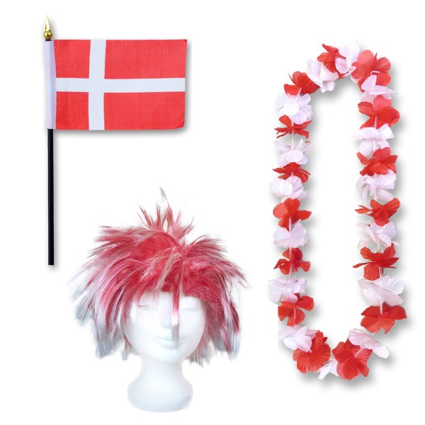 Fanset &quot;Dänemark&quot; Denmark Dansk Blumenkette Fahne Flagge Perücke Wig