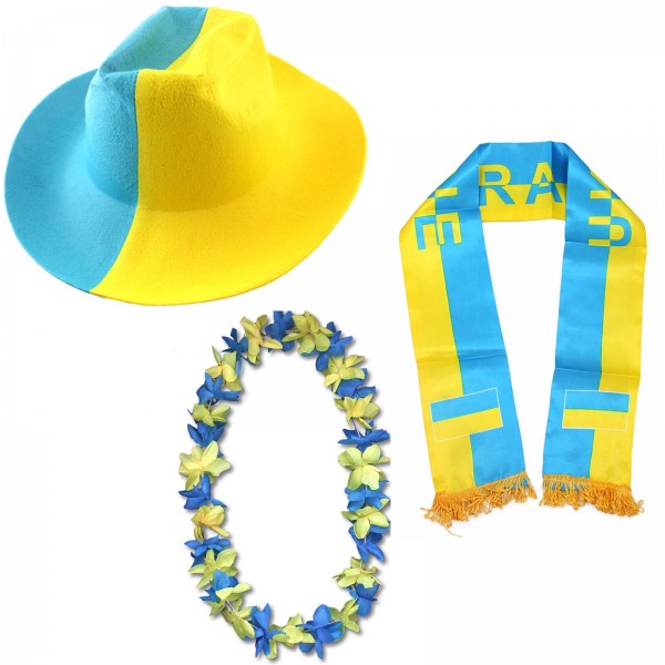 Fan-Paket &quot;Ukraine&quot; Ukrain WM EM Fußball Schal Hawaiikette Hut Fanartikel