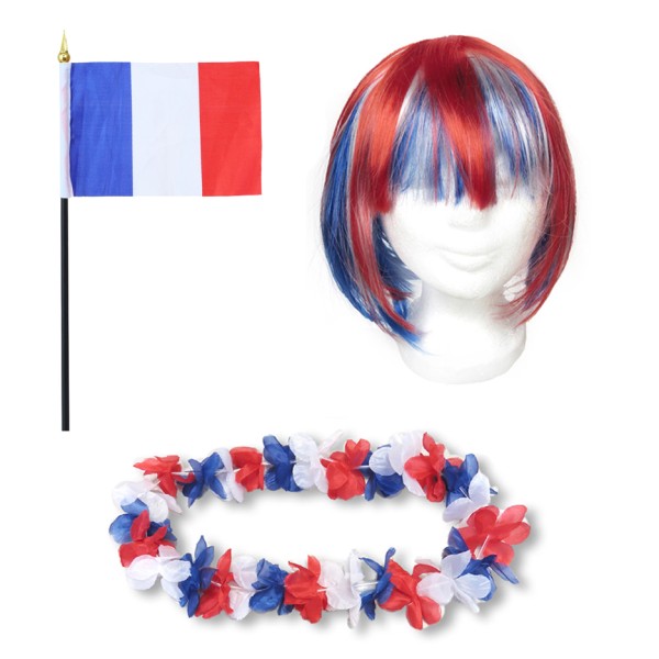 Fanset &quot;Frankreich&quot; France Blumenkette Fahne Flagge Perücke Bob