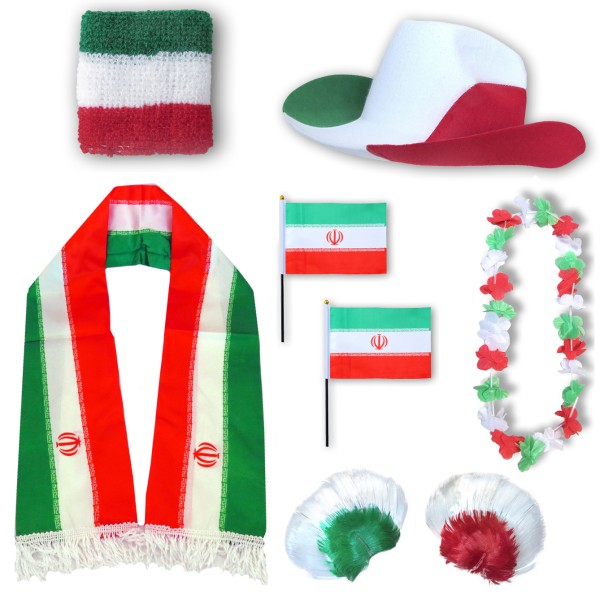 Fan-Paket &quot;Iran&quot; WM EM Fußball Schal Hawaiikette Hut Schweissband Fahne Iro Perücke