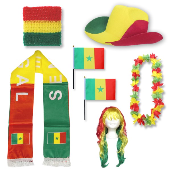 Fan-Paket &quot;Senegal&quot; WM EM Fußball Schal Hawaiikette Hut Schweissband Fahne Perücke