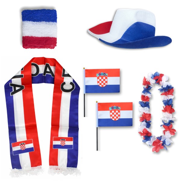 Fan-Paket &quot;Kroatien&quot; Croatia WM EM Fußball Schal Hawaiikette Hut Schweissband Fahne Flagge