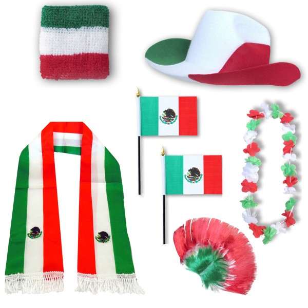 Fan-Paket &quot;Mexiko&quot; Mexico WM EM Fußball Schal Hawaiikette Hut Schweissband Fahne Iro Perücke