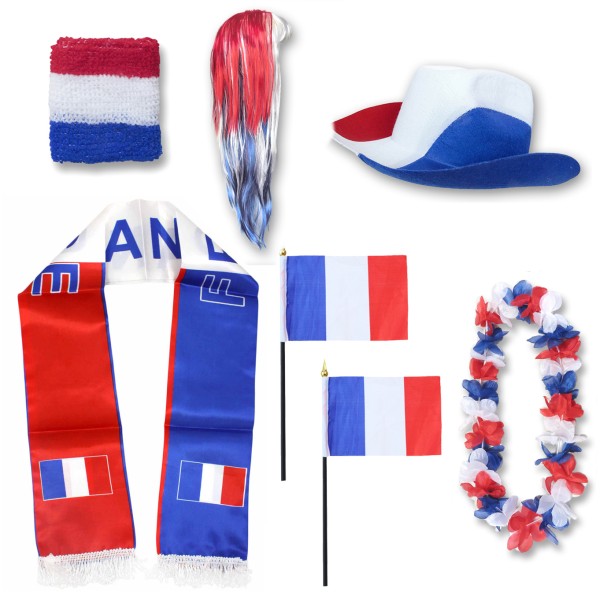 Fan-Paket &quot;Frankreich&quot; France WM EM Fußball Schal Hawaiikette Hut Schweissband Fahne Perücke