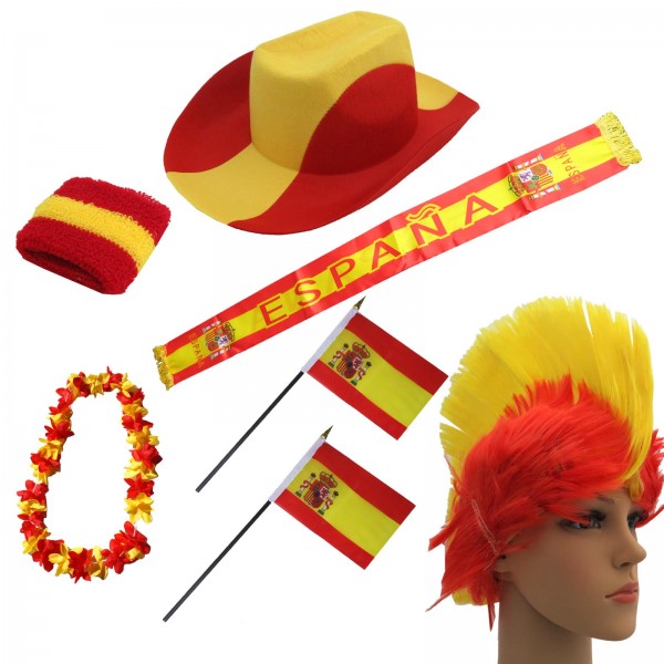 Fan-Paket &quot;Spanien&quot; Spain Espana WM EM Fußball Schal Hawaiikette Hut Schweissband Fahne Perücke