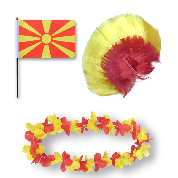 Fanset &quot;Nordmazedonien&quot; North Macedonia Blumenkette Fahne Flagge Perücke Irokese