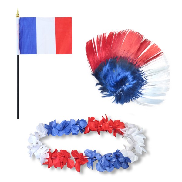 Fanset &quot;Frankreich&quot; France Blumenkette Fahne Flagge Perücke Irokese