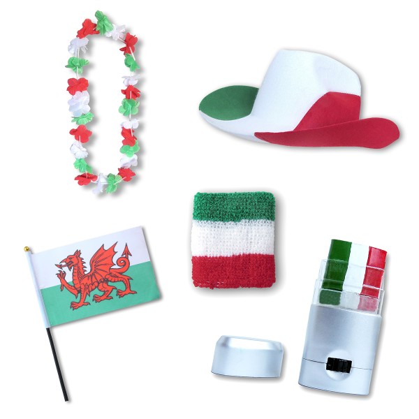 Fan-Paket EM &quot;Wales&quot; Fußball Hut Kette Schminke Schweißband Flagge