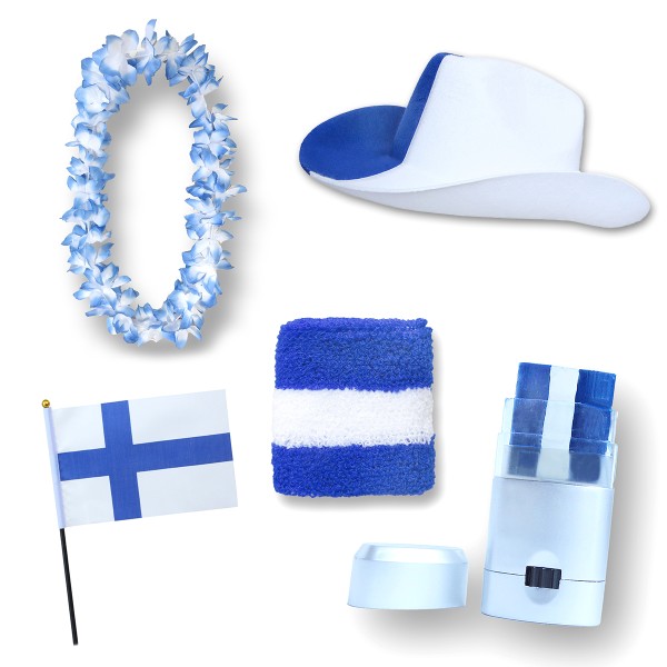 Fan-Paket EM &quot;Finnland&quot; Fußball Hut Kette Schminke Schweißband Flagge