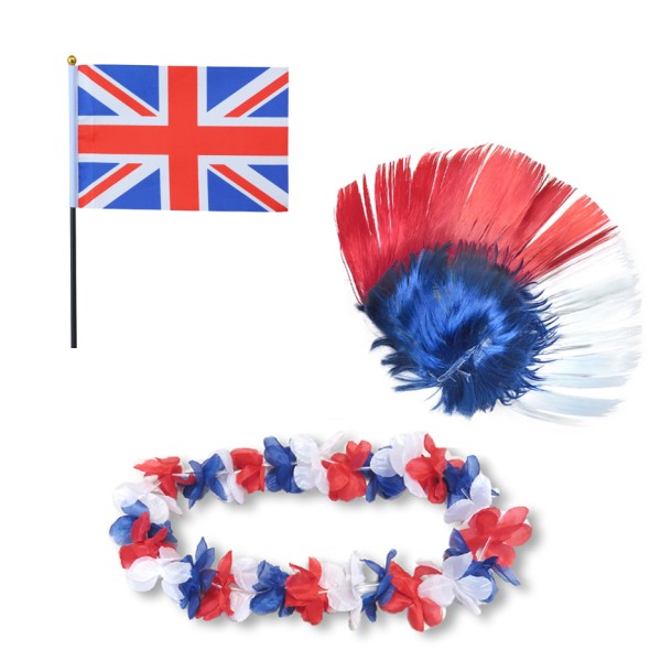 Fanset &quot;Grossbritannien&quot; GB UK Blumenkette Fahne Flagge Perücke Irokese