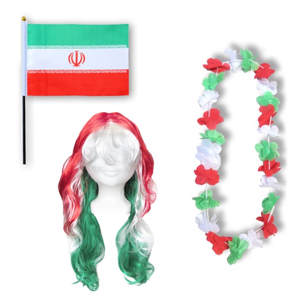 Fanset &quot;Iran&quot; Blumenkette Fahne Flagge Perücke Langhaar-Locken