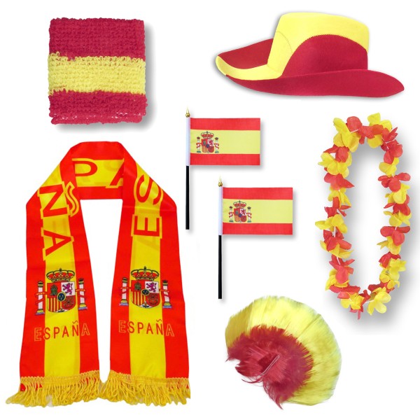 Fan-Paket &quot;Spanien&quot; Spain Espana WM EM Fußball Schal Hawaiikette Hut Schweissband Fahne Perücke