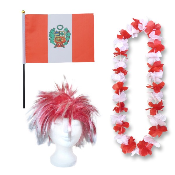 Fanset &quot;Peru&quot; Blumenkette Fahne Flagge Perücke Wig