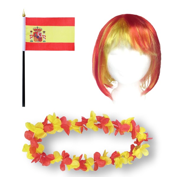 Fanset &quot;Spanien&quot; Spain Espana Blumenkette Fahne Flagge Perücke Bob