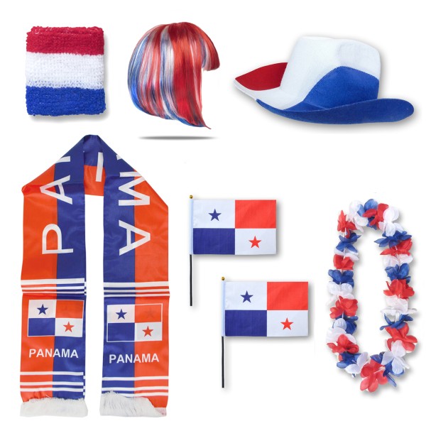 Fan-Paket &quot;Panama&quot; WM EM Fußball Schal Hawaiikette Hut Schweissband Fahne Perücke