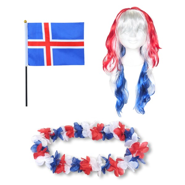 Fanset &quot;Island&quot; Iceland Blumenkette Fahne Flagge Perücke Langhaar-Locken