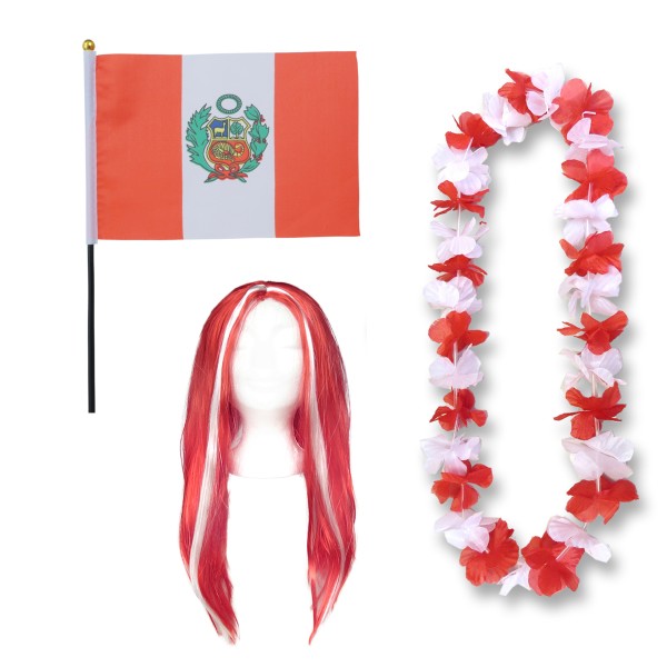 Fanset &quot;Peru&quot; Blumenkette Fahne Flagge Perücke Langhaar