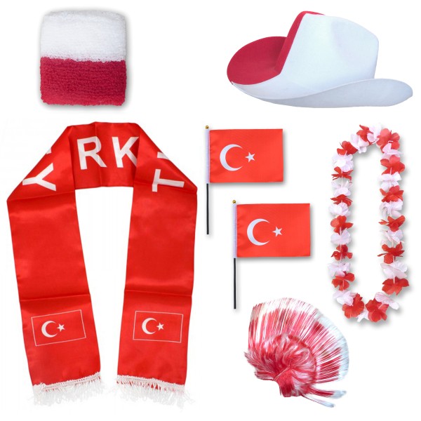 Fan-Paket &quot;Türkei&quot; Turkey Türkiye WM EM Fußball Schal Hawaiikette Hut Schweissband Fahne Perücke