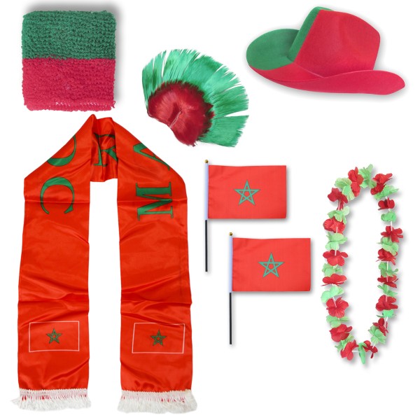 Fan-Paket &quot;Marokko&quot; Morocco WM EM Fußball Schal Hawaiikette Hut Schweissband Fahne Iro Perücke