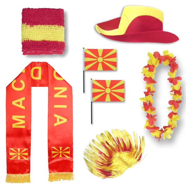 Fan-Paket &quot;Nordmazedonien&quot; North Macedonia WM EM Fußball Schal Hawaiikette Hut Schweissband Fahne Pe