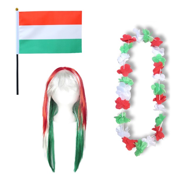 Fanset &quot;Ungarn&quot; Hungary Blumenkette Fahne Flagge Perücke Langhaar