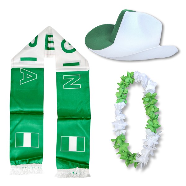 Fan-Paket &quot;Nigerien&quot; Nigeria Amerika WM EM Fußball Schal Hawaiikette Hut Fanartikel