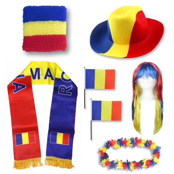 Fan-Paket &quot;Rumänien&quot; Romania WM EM Fußball Schal Hawaiikette Hut Schweissband Fahne Perücke