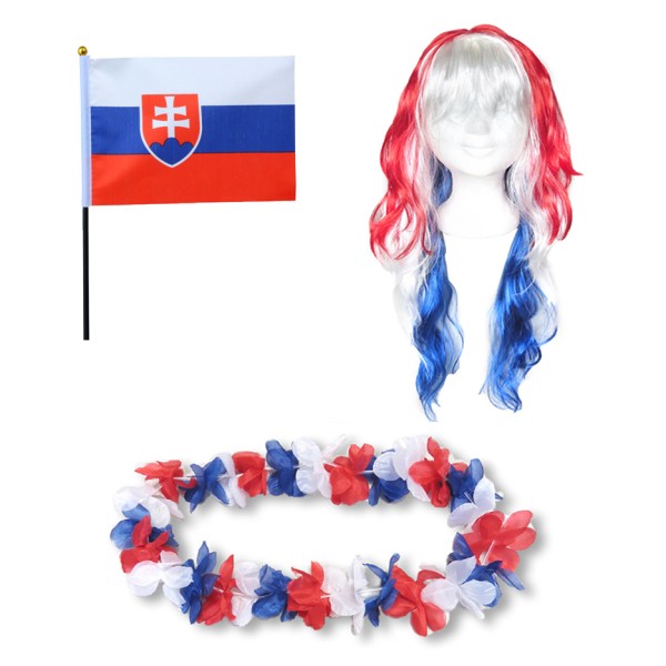 Fanset &quot;Slowakei&quot; Slovakia Blumenkette Fahne Flagge Perücke Langhaar-Locken