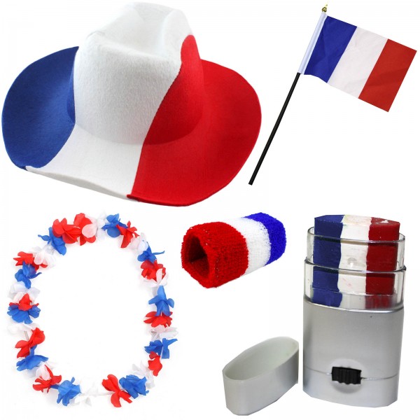 Fan-Paket EM &quot;Frankreich&quot; France Fußball Hut Kette Schminke Schweißband Flagge