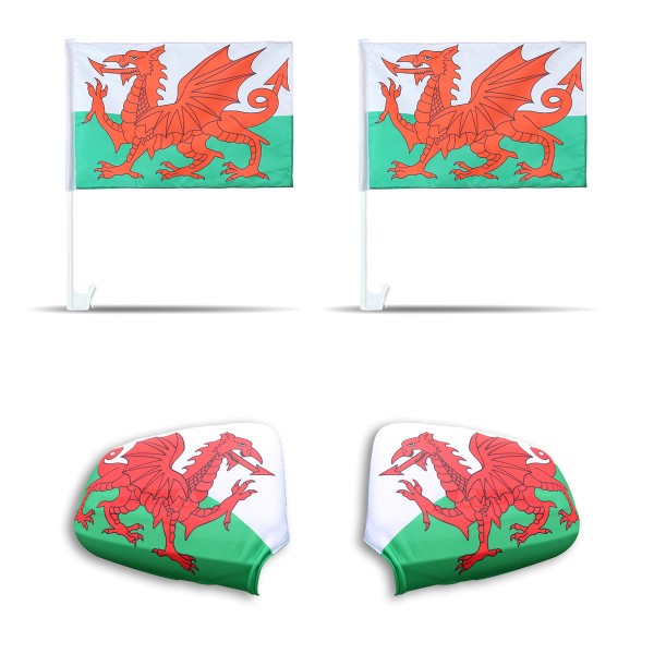 Fan-Paket-3 &quot;Wales&quot; WM EM Länder Fußball Flaggen Fahren Autoset Spiegelflaggen