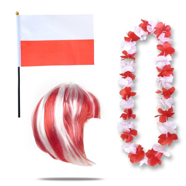 Fanset &quot;Polen&quot; Poland Polska Blumenkette Fahne Flagge Perücke Bob