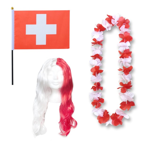 Fanset &quot;Schweiz&quot; Switzerland Blumenkette Fahne Flagge Perücke Langhaar-Locken