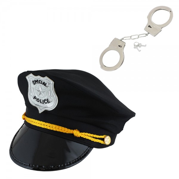 SET &quot;Police Officer&quot; Hat Handcuffs Carneval Costume Stag Party